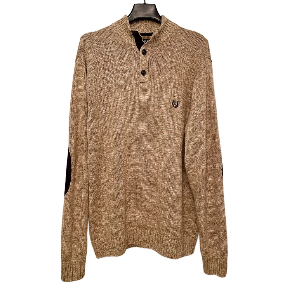 CHAPS Classic Henley Sweater Mens Size XXL Oatmeal Brown‎ Pullover Elbow Patches